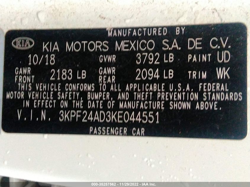 2019 KIA FORTE LXS - 3KPF24AD3KE044551