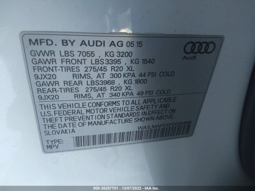 2015 AUDI Q7 3.0L TDI PREMIUM PLUS WA1LMAFEXFD025588