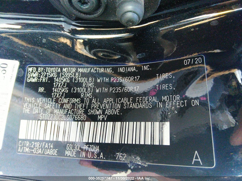 VIN 5TDZZ3DC2LS076680 2020 TOYOTA SIENNA L