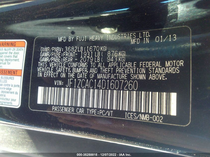 2013 SUBARU BRZ LIMITED JF1ZCAC14D1607260