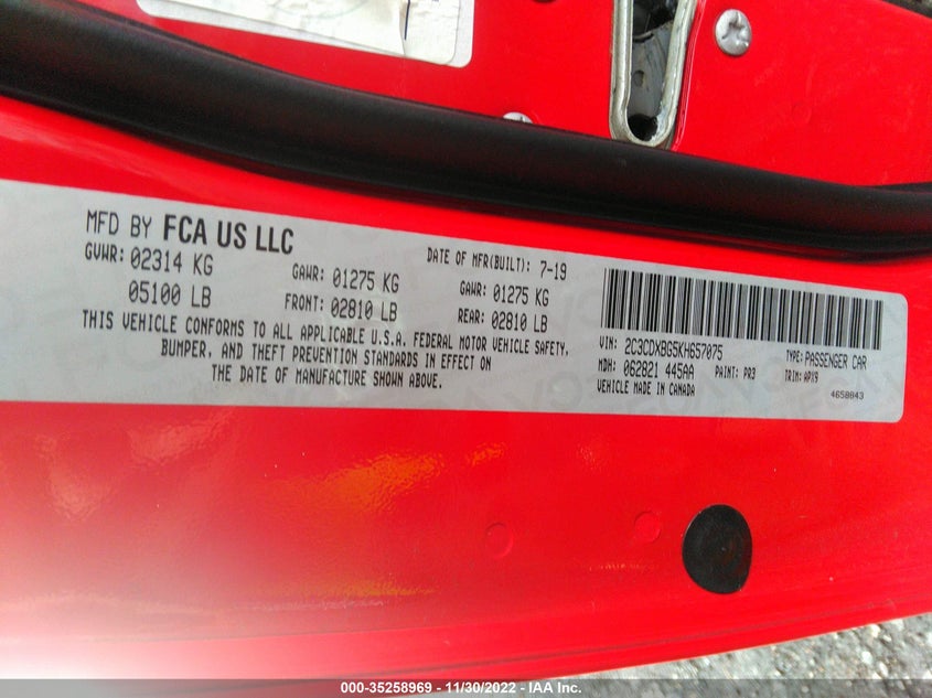 VIN 2C3CDXBG5KH657075 2019 DODGE CHARGER SXT