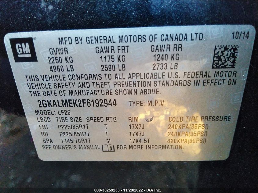 2015 GMC TERRAIN SLE 2GKALMEK2F6192944