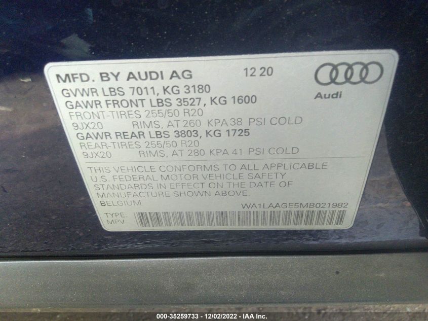 2021 AUDI E-TRON PREMIUM PLUS WA1LAAGE5MB021982