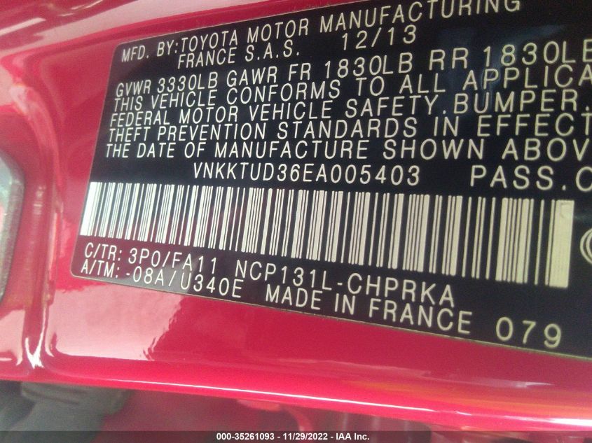 2014 TOYOTA YARIS L/LE VNKKTUD36EA005403