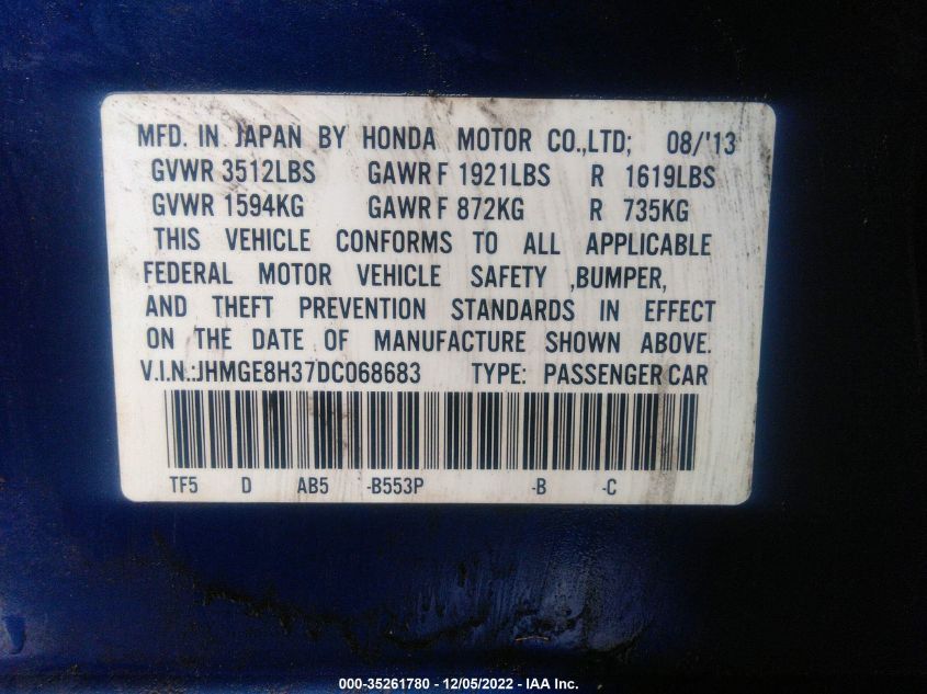 2013 HONDA FIT JHMGE8H37DC068683