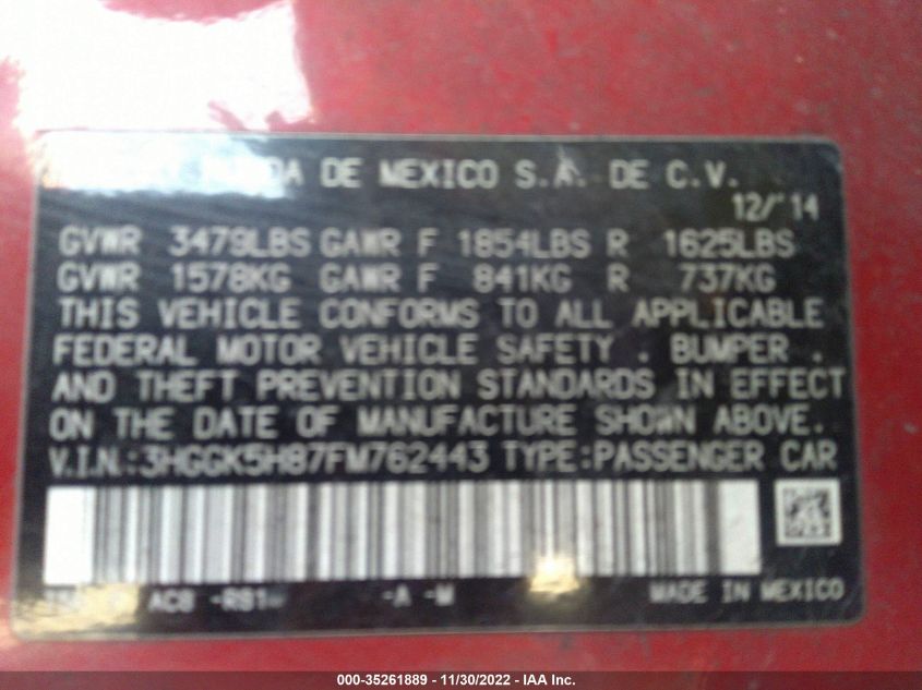 2015 HONDA FIT EX-L/EX 3HGGK5H87FM762443