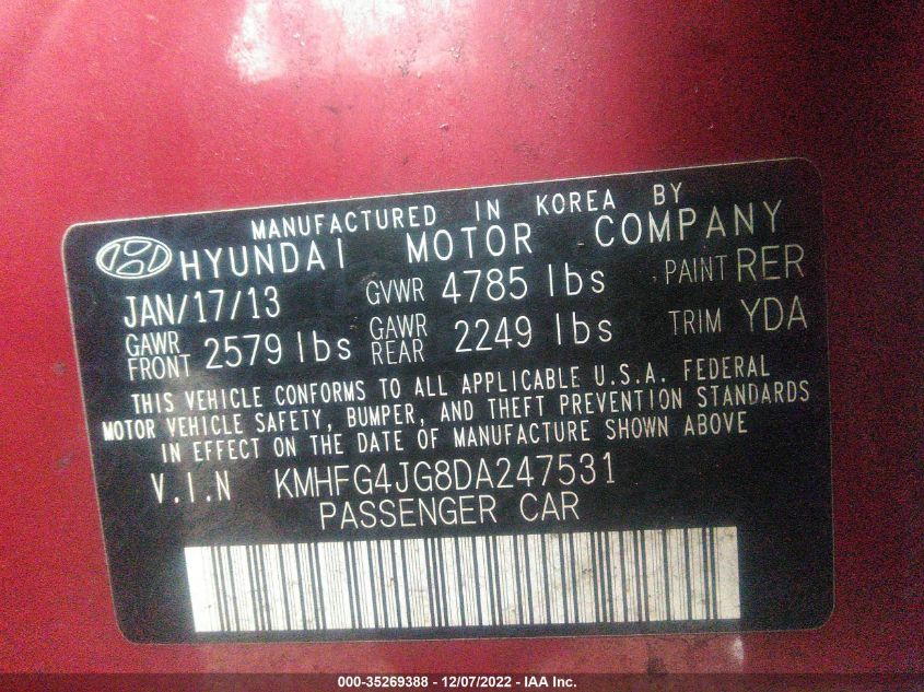 2013 HYUNDAI AZERA KMHFG4JG8DA247531