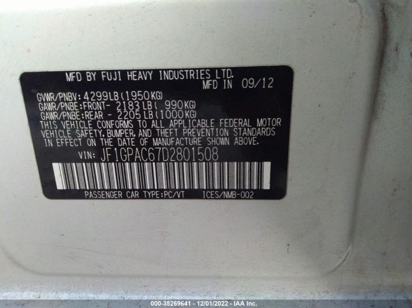 2013 SUBARU IMPREZA WAGON 2.0I PREMIUM - JF1GPAC67D2801508