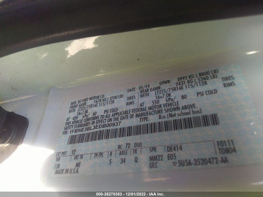 2014 FORD ECONOLINE WAGON XL/XLT 1FBNE3BL3EDB00937