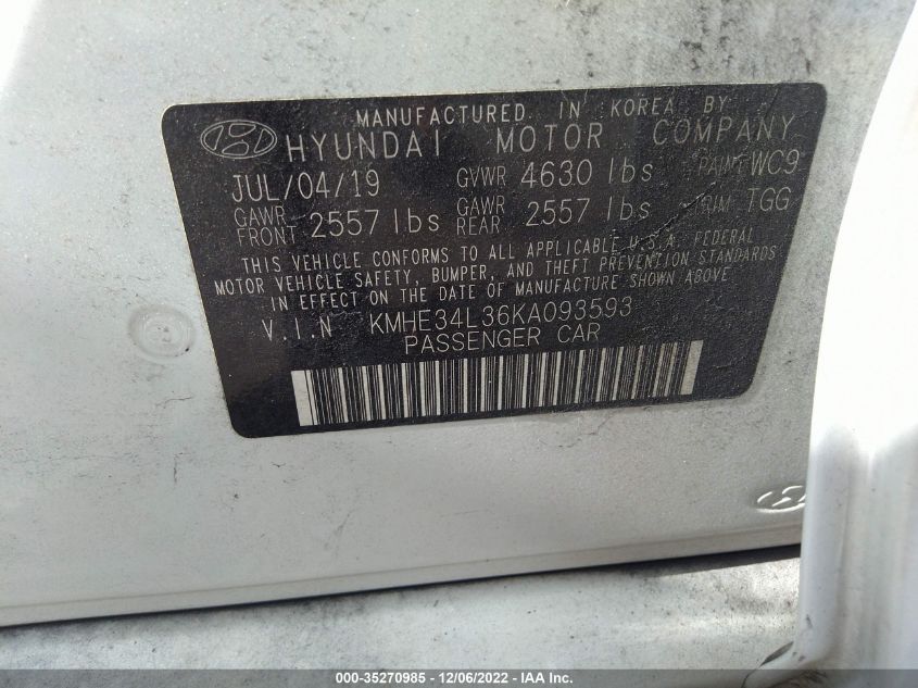 2019 HYUNDAI SONATA HYBRID LIMITED - KMHE34L36KA093593