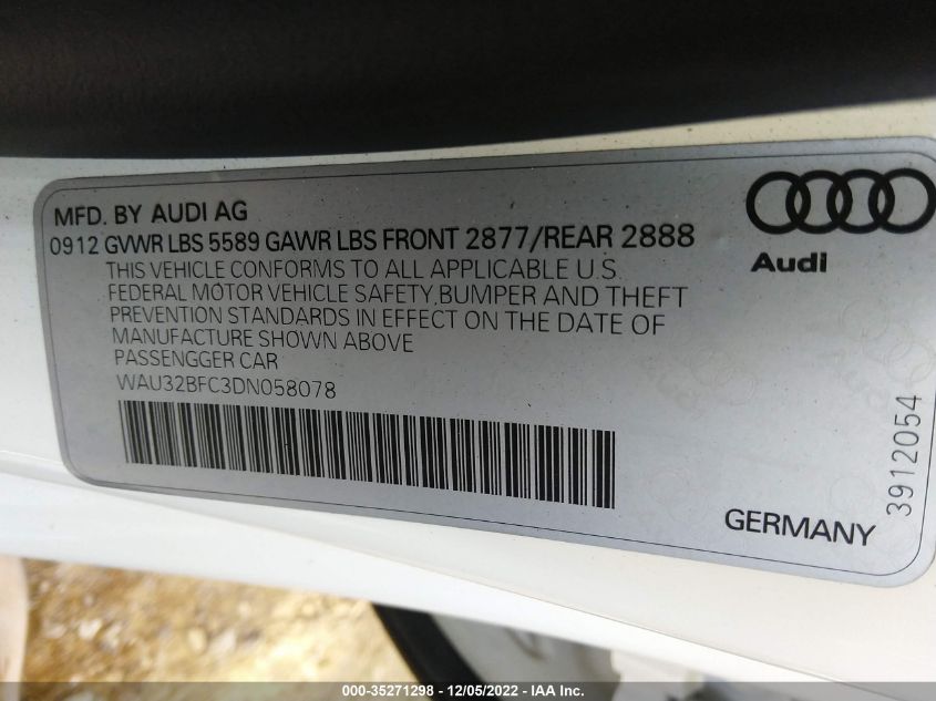 2013 AUDI S7 PRESTIGE WAU32BFC3DN058078