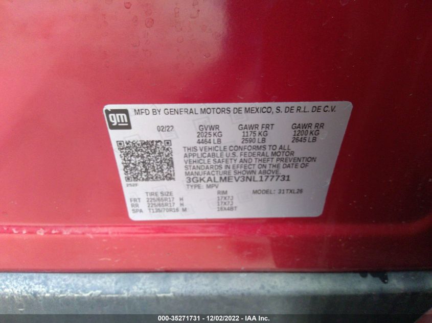 VIN 3GKALMEV3NL177731 2022 GMC TERRAIN SLE