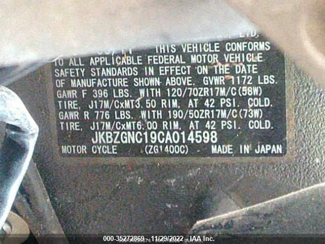 2012 KAWASAKI ZG1400 C JKBZGNC19CA014598