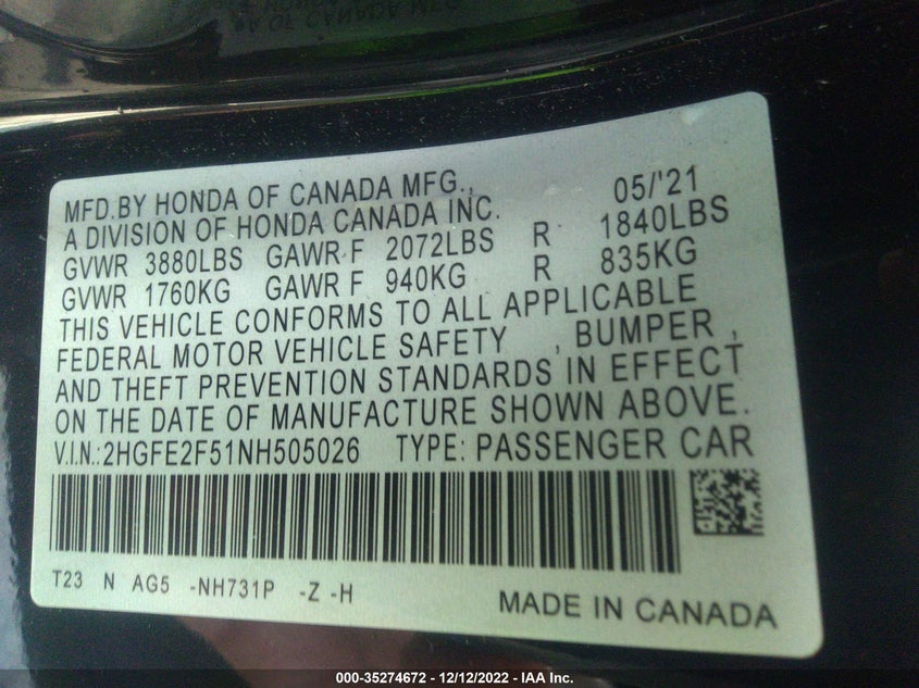 VIN 2HGFE2F51NH505026 2022 HONDA CIVIC SEDAN SPORT