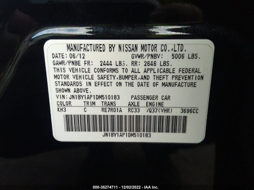 2013 INFINITI M37 JN1BY1AP1DM510183