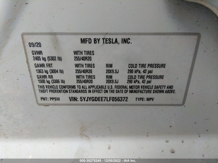 VIN 5YJYGDEE7LF056372 2020 TESLA MODEL Y LONG RANGE