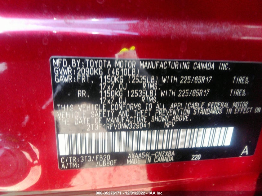 VIN 2T3F1RFV0NW329041 2022 TOYOTA RAV4 LE