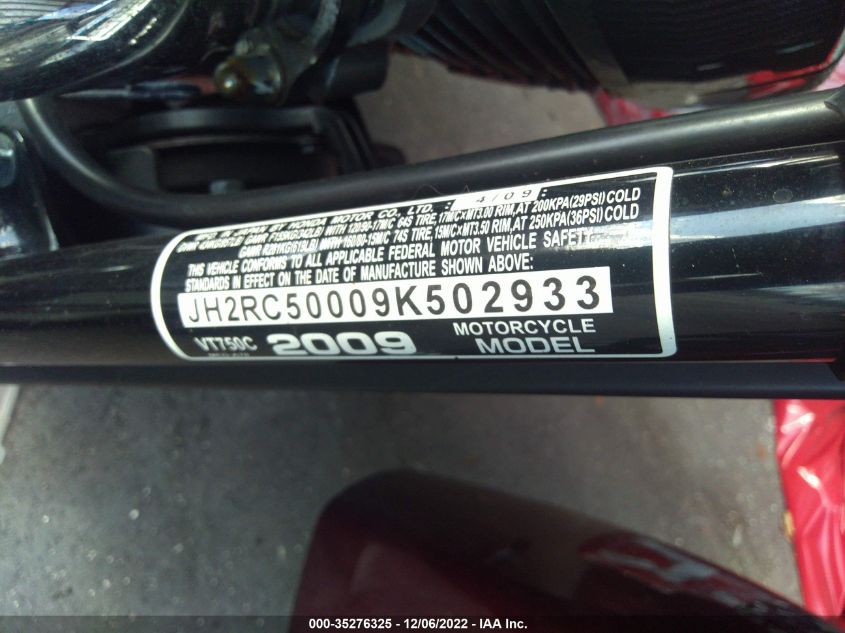 2009 HONDA VT750 C JH2RC50009K502933