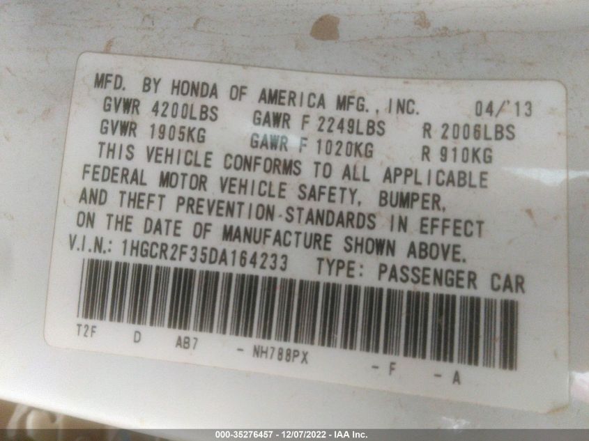 Auction sale of the 2013 HONDA ACCORD , vin: 1HGCR2F35DA164233, lot number: 35276457