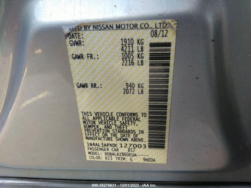 2013 NISSAN ALTIMA VIN: 1N4AL3APXDC127003
