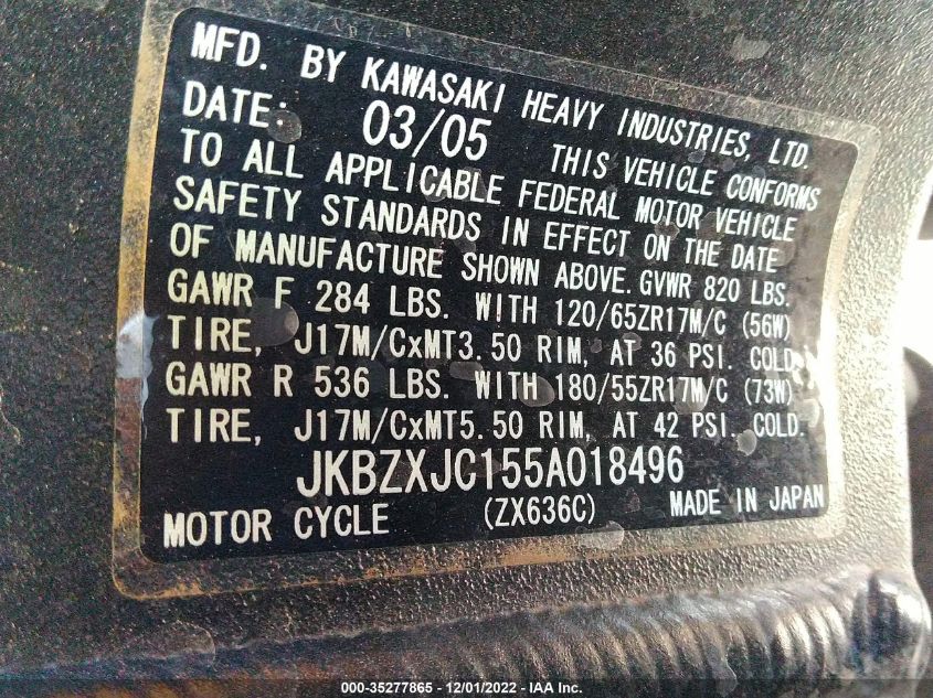 2005 KAWASAKI ZX636 C1 JKBZXJC155A018496