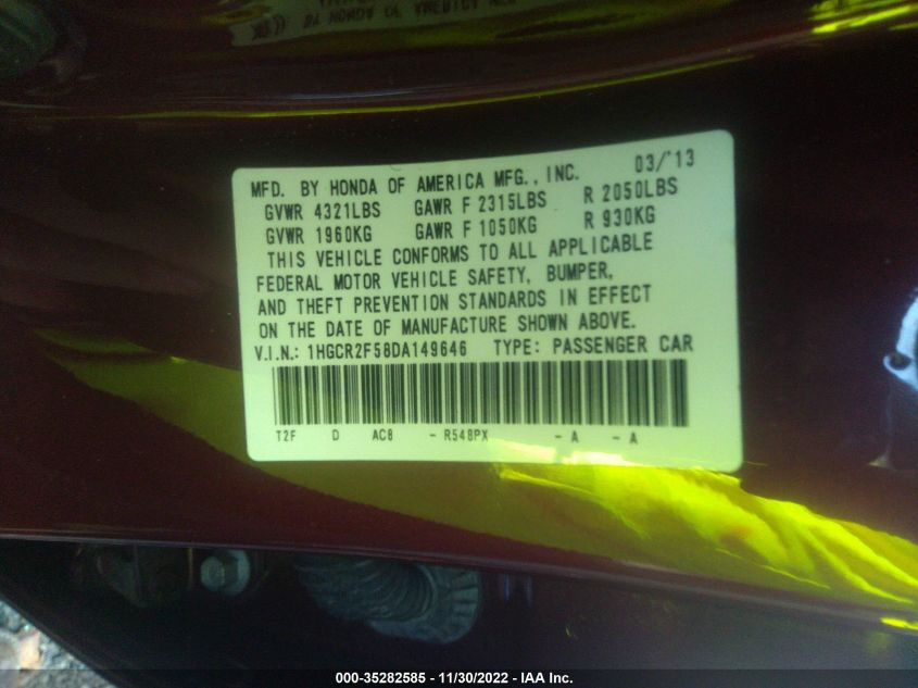 2013 HONDA ACCORD SDN SPORT 1HGCR2F58DA149646