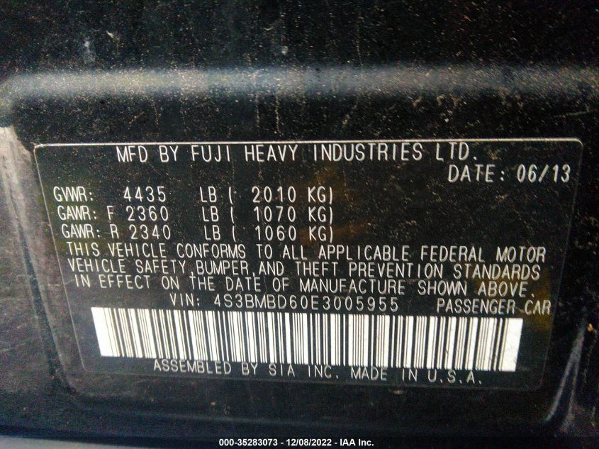 2014 SUBARU LEGACY 2.5I PREMIUM 4S3BMBD60E3005955