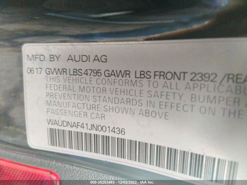 2018 AUDI A4 TECH PREMIUM WAUDNAF41JN001436