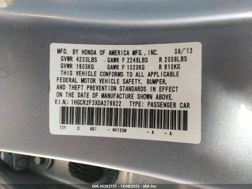 2013 HONDA ACCORD SDN LX 1HGCR2F3XDA279622