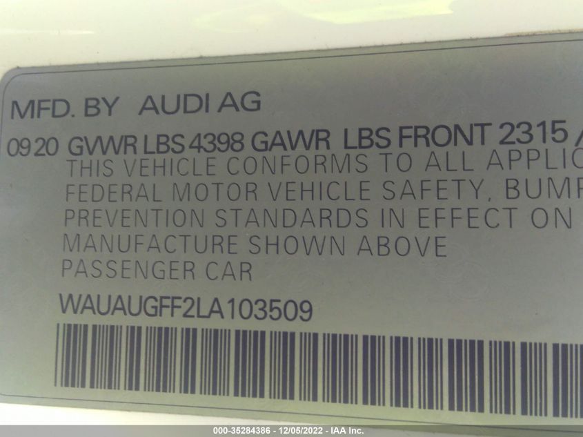 2020 AUDI A3 SEDAN PREMIUM - WAUAUGFF2LA103509