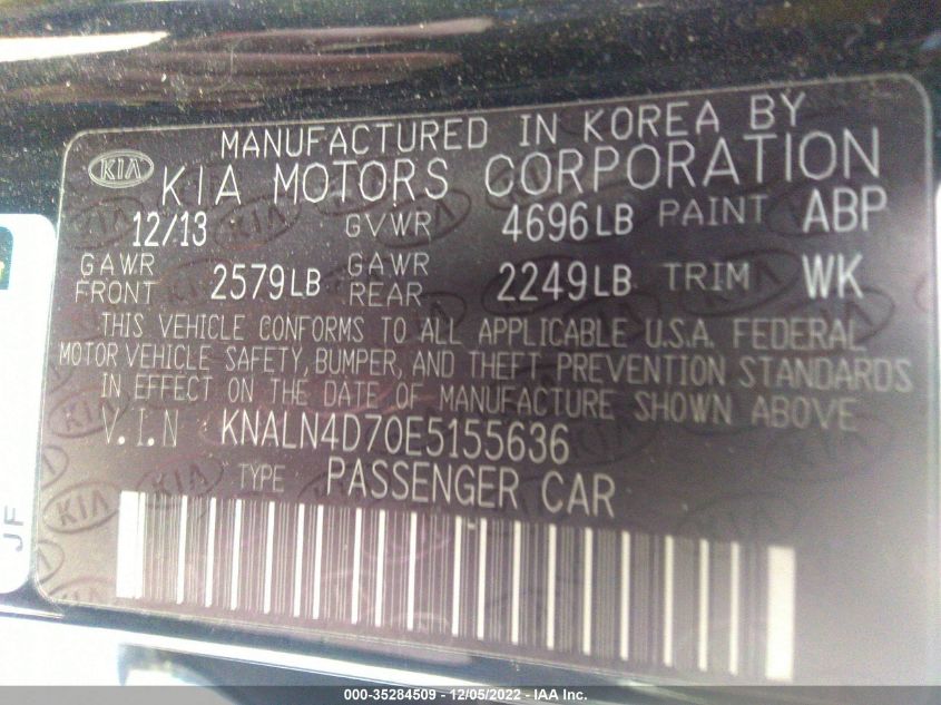 2014 KIA CADENZA LIMITED KNALN4D70E5155636