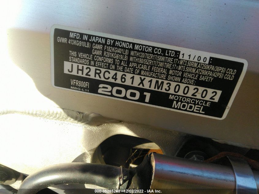 2001 HONDA VFR800 F1 JH2RC461X1M300202