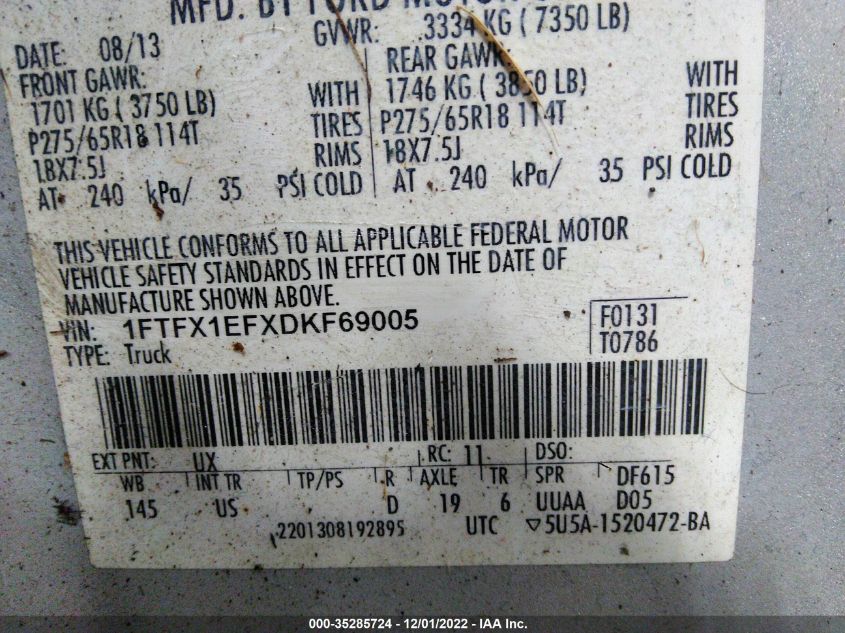 2013 FORD F-150 XL/STX/XLT/FX4/LARIAT - 1FTFX1EFXDKF69005