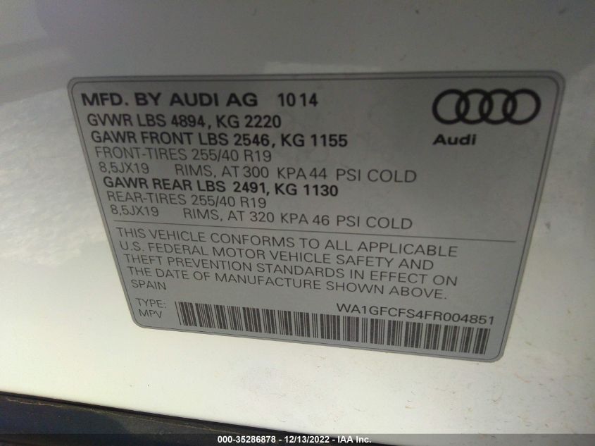 2015 AUDI Q3 2.0T PRESTIGE WA1GFCFS4FR004851
