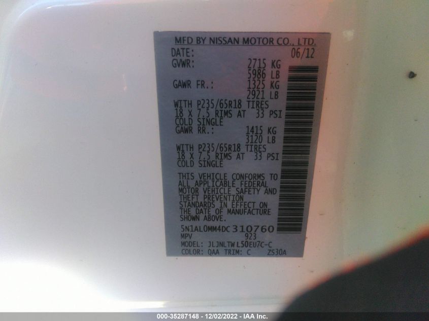 2013 INFINITI JX - 5N1AL0MM4DC310760