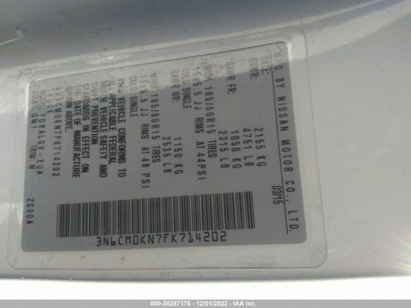 2015 NISSAN NV200 SV 3N6CM0KN7FK714202