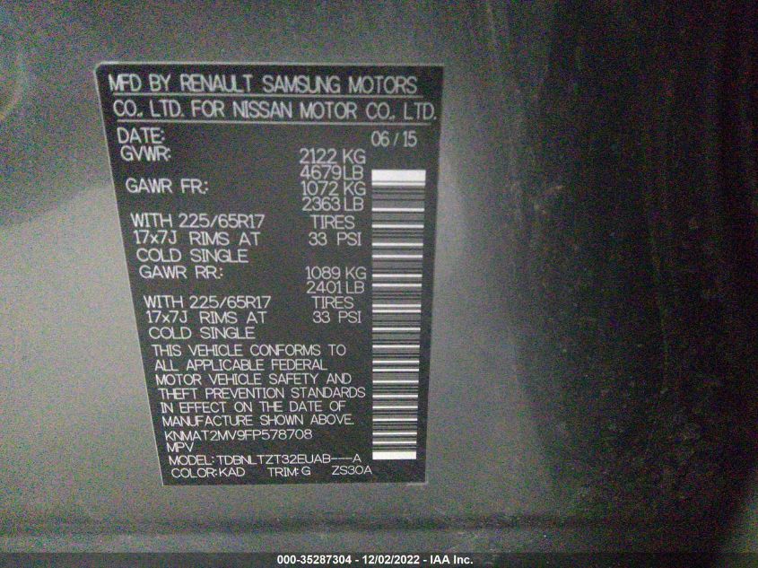 2015 NISSAN ROGUE SV - KNMAT2MV9FP578708