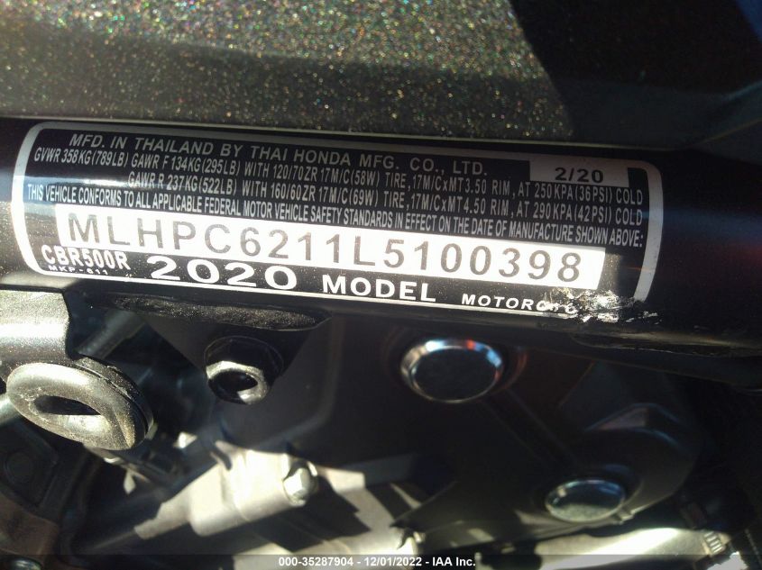 2020 HONDA CBR500 R MLHPC6211L5100398