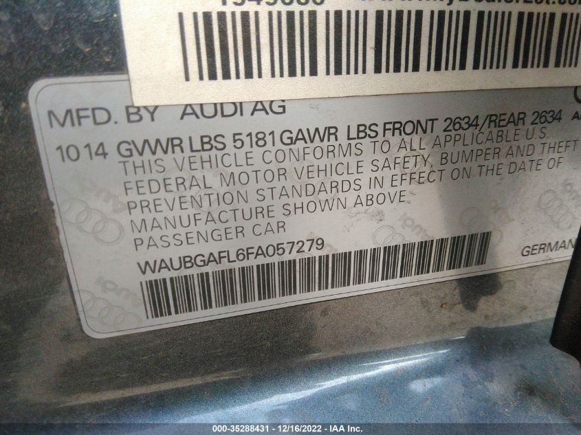 2015 AUDI S4 PREMIUM PLUS WAUBGAFL6FA057279