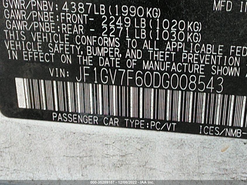 2013 SUBARU IMPREZA SEDAN WRX WRX JF1GV7F60DG008543