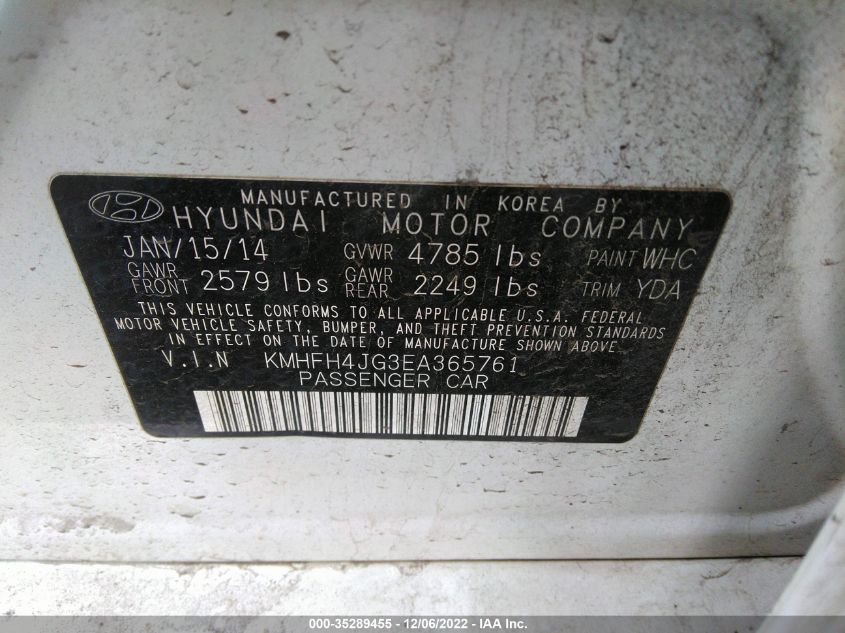 2014 HYUNDAI AZERA LIMITED KMHFH4JG3EA365761