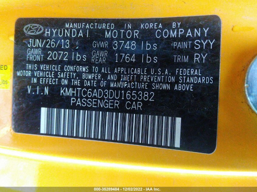 2013 HYUNDAI VELOSTER W/BLACK INT - KMHTC6AD3DU165382