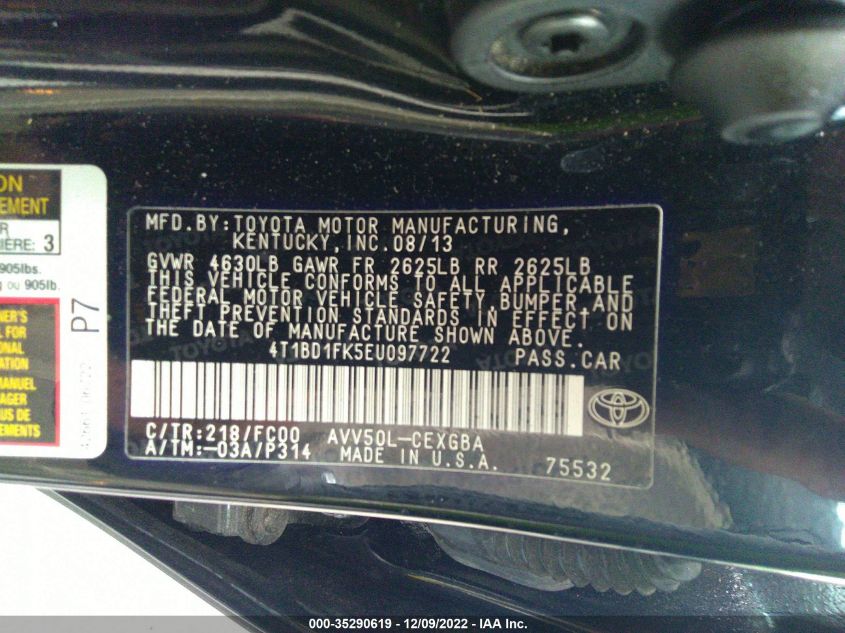 2014 TOYOTA CAMRY HYBRID LE/XLE/SE LIMITED EDITION 4T1BD1FK5EU097722
