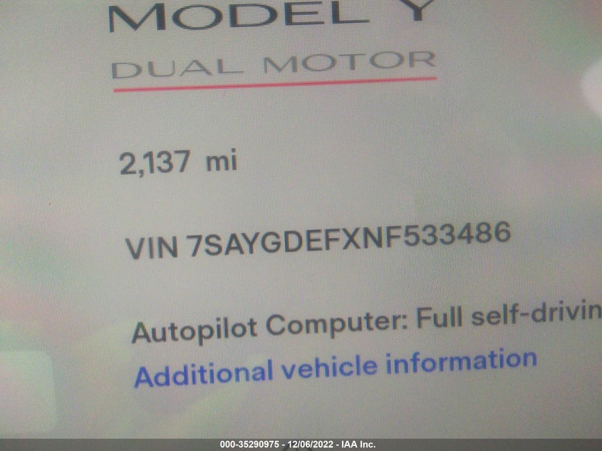 VIN 7SAYGDEFXNF533486 2022 TESLA MODEL Y PERFORMANCE