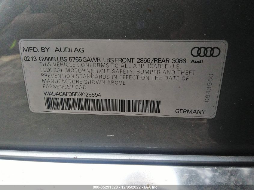 2013 AUDI A8 3.0L WAUAGAFD5DN025594