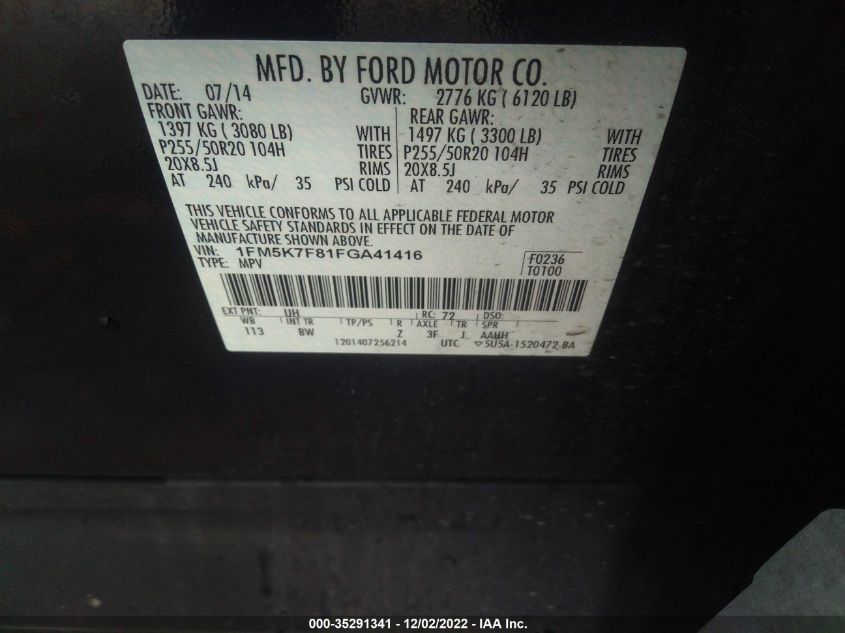 2015 FORD EXPLORER LIMITED - 1FM5K7F81FGA41416