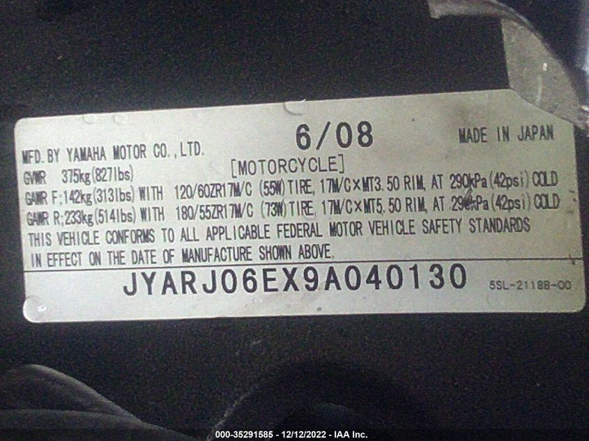 2009 YAMAHA YZFR6 S JYARJ06EX9A040130