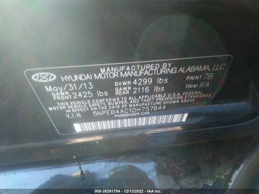 2013 HYUNDAI SONATA GLS PZEV - 5NPEB4AC1DH757644