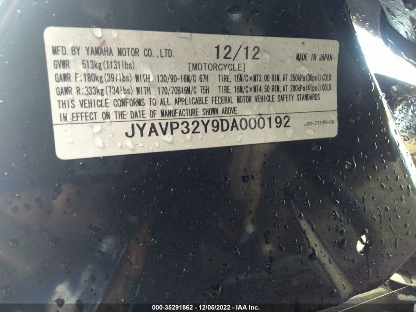 2013 YAMAHA XVS1300 CTC/CFD JYAVP32Y9DA000192