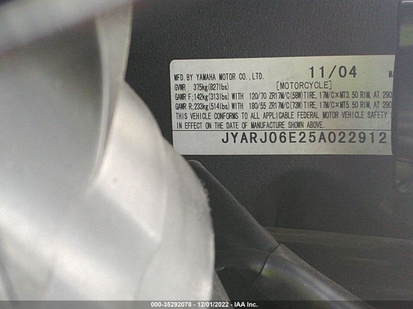2005 YAMAHA YZFR6 L JYARJ06E25A022912